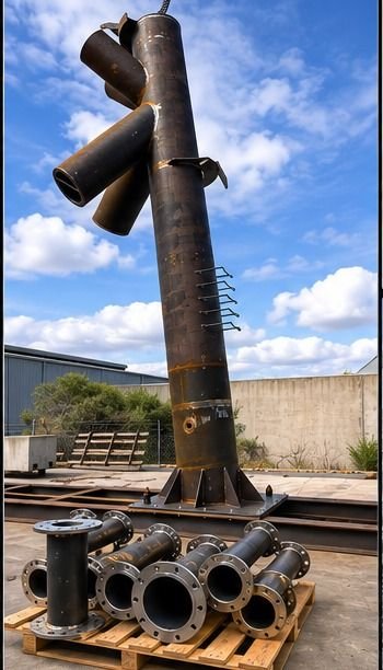 Fabricated steel riser column with branch connections and flanged pipe spools