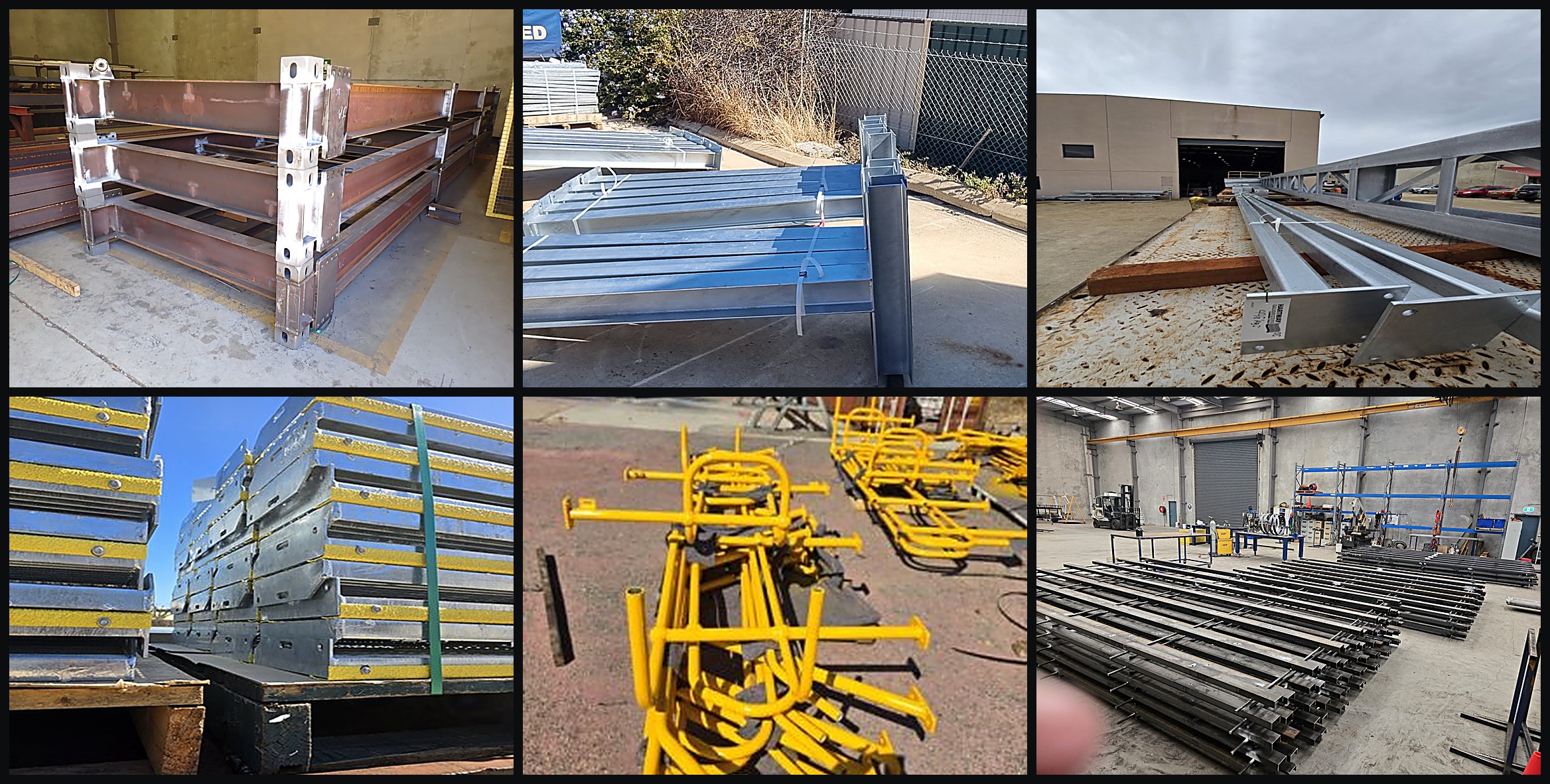 Structural fabrication collage — frames, platforms, stairways, handrails and steel members